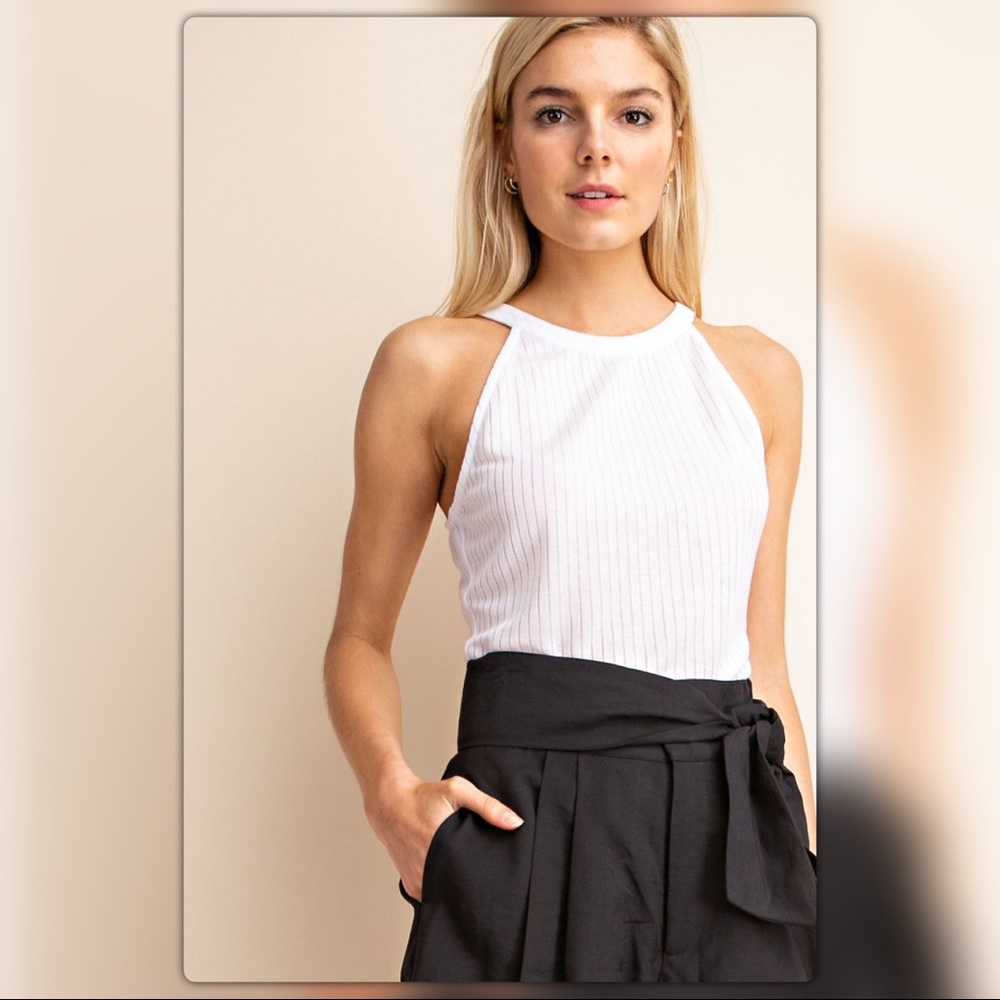 White Ribbed High Neck Sleeveless Top